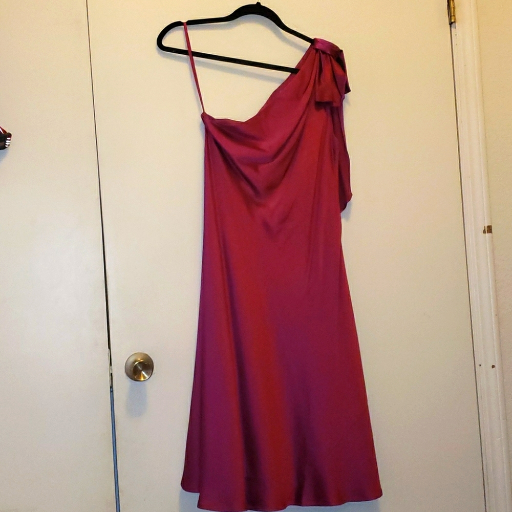 Ann Taylor- One shoulder fuchsia silk dress- sz 8